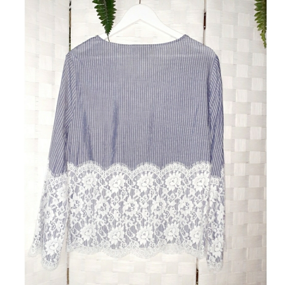 Karen Kane Chambray Stripe Lace Top - Picture 4 of 11